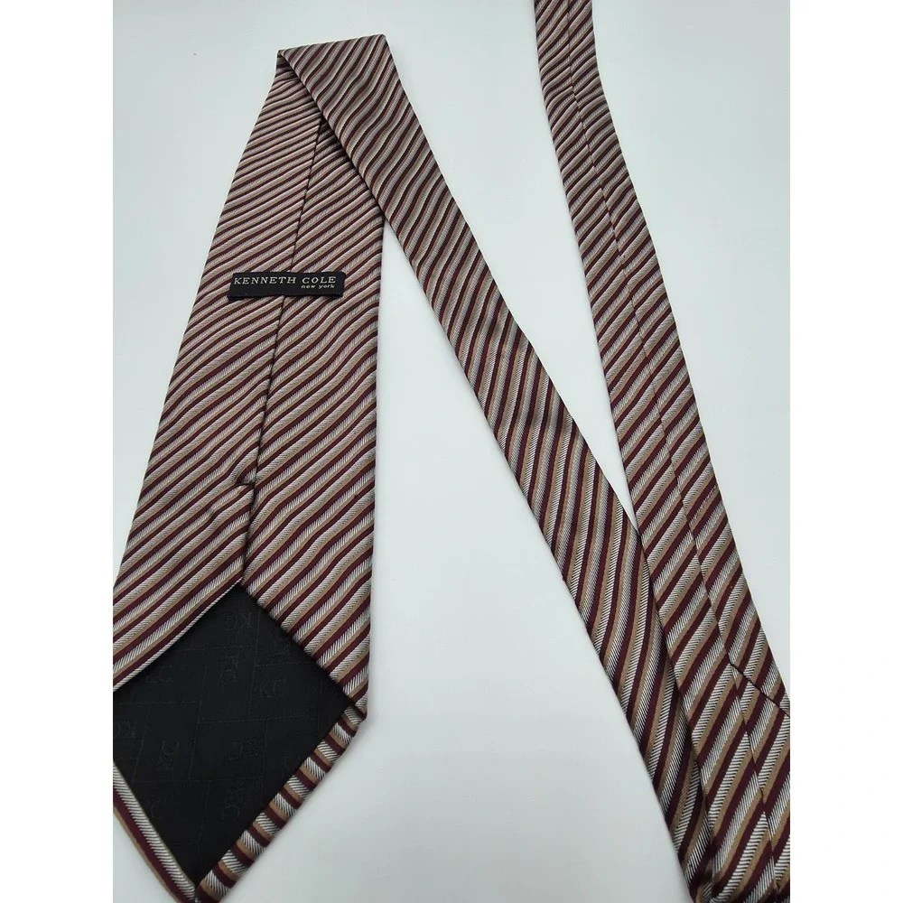 Kenneth Cole Maroon Gold Silver Striped Pattern Designer Tie 57